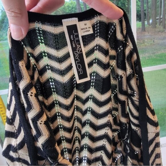 Julian Taylor Knit Midi Dress Size M Brown Black Stretch Zig Zag Eyelet Scallope - Picture 7 of 10